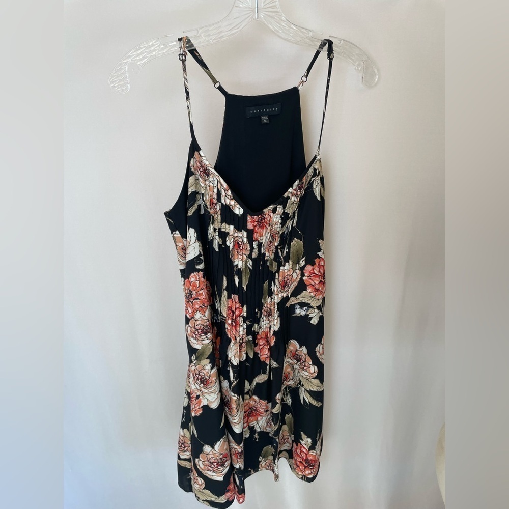 Sanctuary spring fling black and floral pleats spaghetti strap mini dress size M